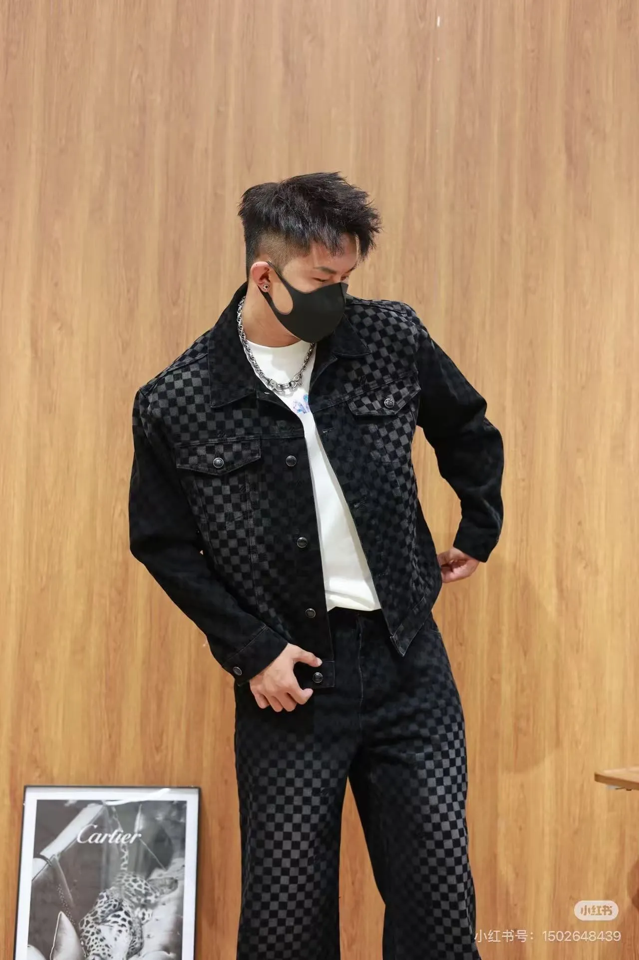 Louis Vuitton/Louis Vuitton Mosaic Flocked Checkered Spliced Denim Jacket